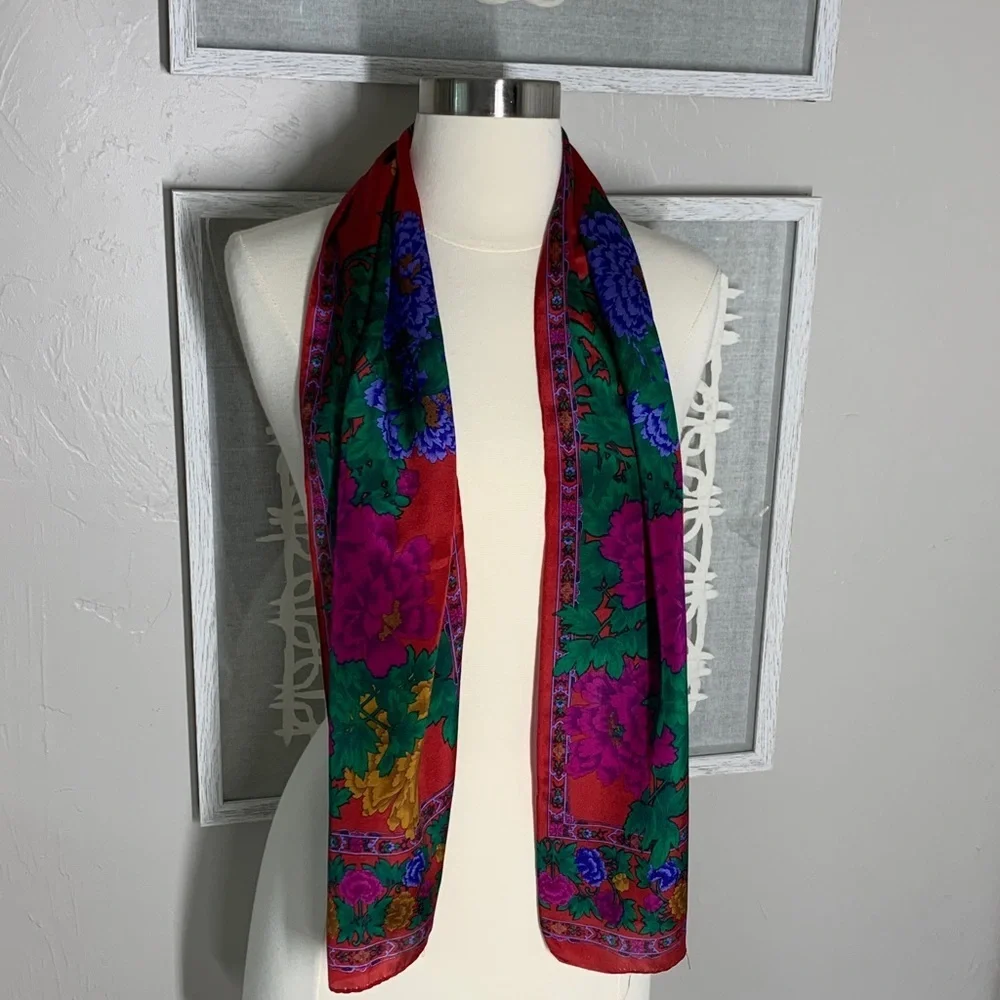 Vintage floral silk scarf red, blue, green, pink